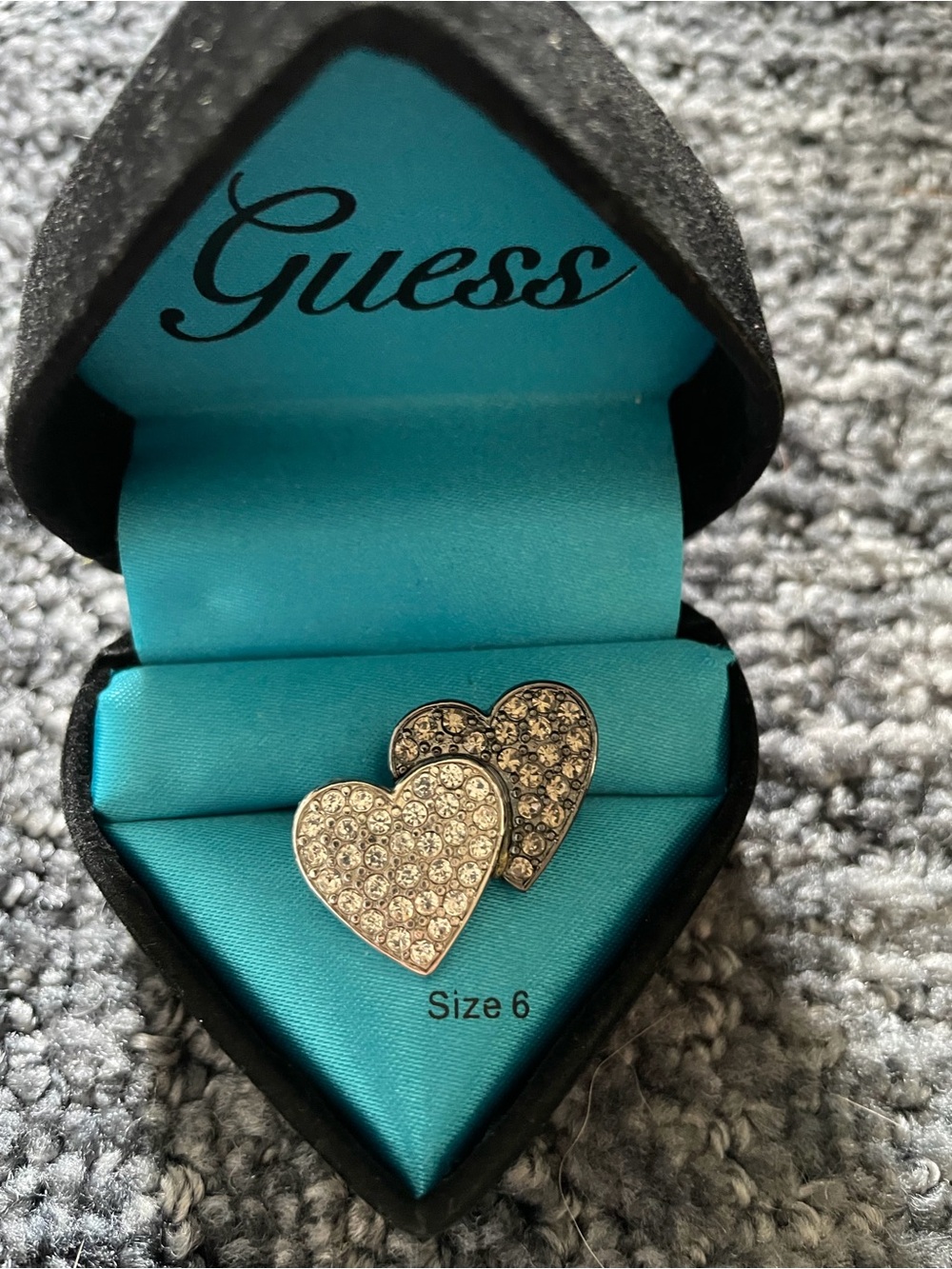 Guess Silver Crystal Two Hearts Crystal Ring Silvertone/Gun metal brand new!
